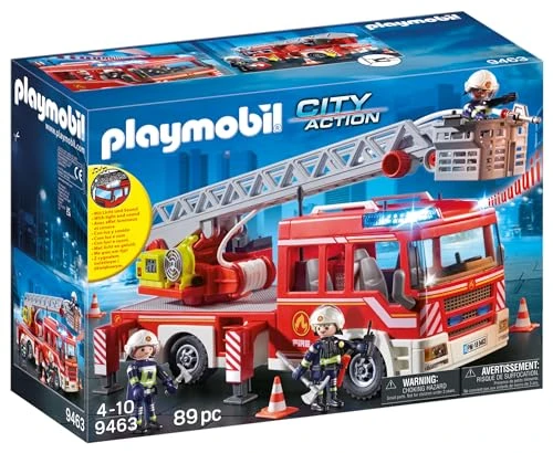 Playmobil 9463 Camion de Pompiers avec échelle pivotante - City Action - avec Trois Personnages, Un véhicule avec échelle télescopique, Module Lumineux et sonore - Intervention de Secours - Dès 4 Ans