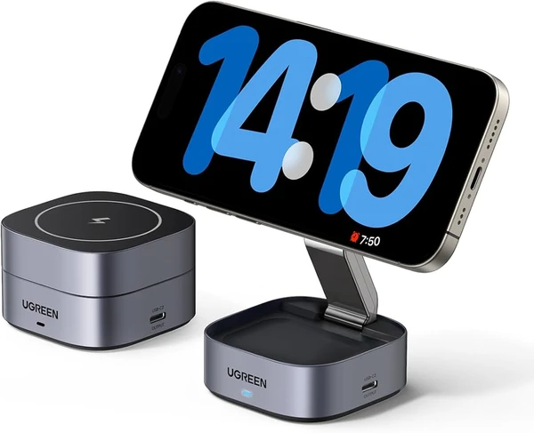 UGREEN MagFlow Chargeur Induction iPhone 2 en 1 Qi Compatible avec MagSafe iPhone 17 16 15 14 13 12 Air Plus Pro Max AirPods 4 3 Pro 3 2 1 Chargeur sans Fil Magnétique Rapide Pliable Angle Réglable