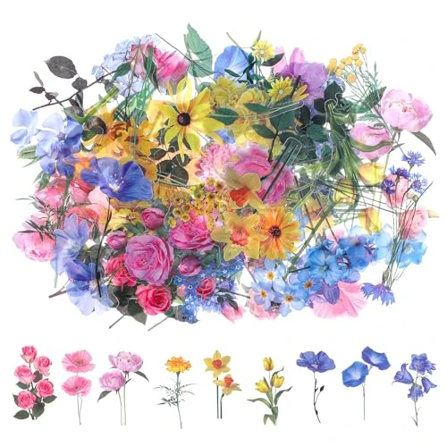 Nogeqi Lot de 120 autocollants transparents en forme de fleurs - Pour scrapbooking - En PET - Imperméables - Pour scrapbooking, ordinateurs portables, albums photo