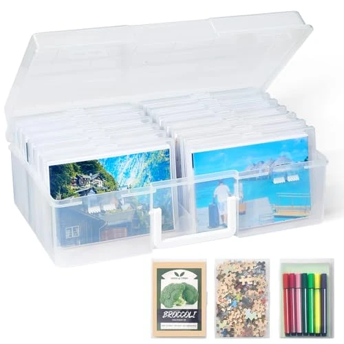 Lifewit Boîte de Rangement pour Photos 10x15cm 4R, 14 Supports de Photos Intérieurs, Organiseur de Photos en Plastique, Artisanat avec 1 Feuille D'étiquette Autocollante