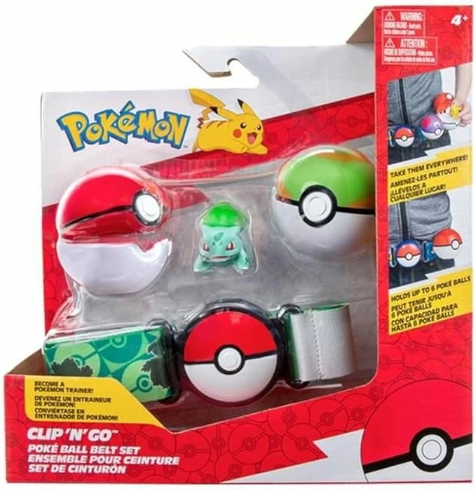 BANDAI - Pokémon - Ceinture Clip 'N' Go - 1 Ceinture, 1 Poké Ball, 1 Nest Ball et 1 Figurine 5 cm Bulbizarre - Accessoire pour se déguiser en Dresseur Pokémon - JW2715
