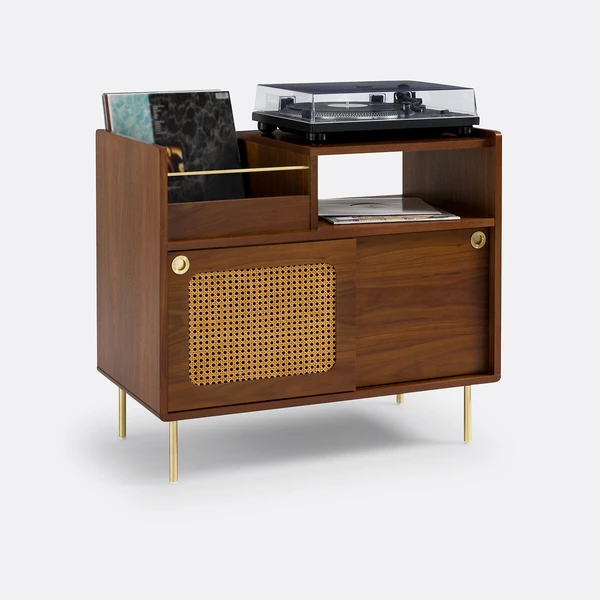 Meuble vinyles en noyer et cannage, Redpop