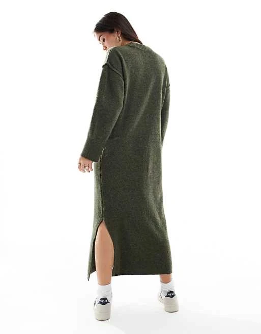 ASOS DESIGN - Robe en maille longueur mollet avec couture devant - Kaki