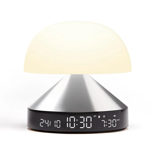 Lexon MINA Sunrise Reveil matin lumineux, simulateur d'aube et crépuscule, 5 sons naturels, lampe de chevet LED veilleuse et luminothérapie - couleur Aluminium