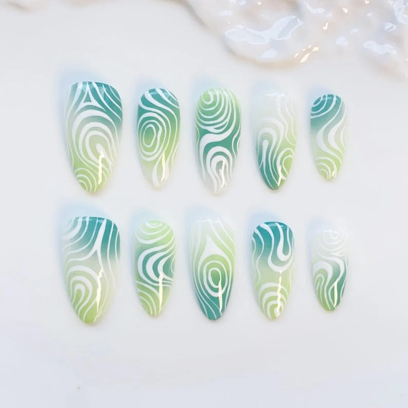 Ongles dégradés/Ongles tourbillonnants/Ongles vortex vert blanc/Ongles ondulés/Ongles tachés/Ongles de vacances/Ongles de plage/Ongles longs en