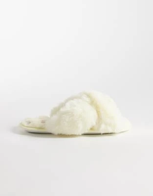 Boux Avenue - Chaussons duveteux à brides croisées - Jaune beurre
