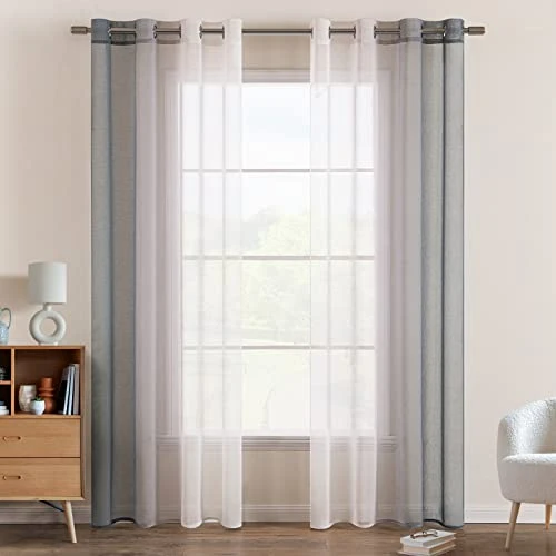 EMEMA Rideau Voilage Rideaux Dégradé à Oeillet Voilages Intérieur Fenêtre en Polyester Couleur Changée Voile Transparent Décor pour Salon Chambre Bureau Lot de 2, 140x225 CM Gris