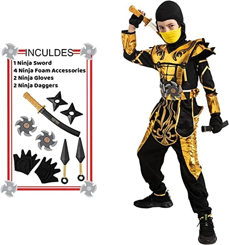 Spooktacular Creations Costume de ninja doré pour les fêtes à thème ninja pour garçons, déguisement d'Halloween, jeu de rôle ninja, fête de Noël (Medium (8-10 yrs))