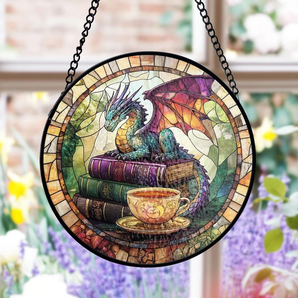 Dragon Stained Glass Suncatcher, Fantasy Book Lover Decor, Tea and Coffee Art, Mystical Window Hanging, Gift for Readers