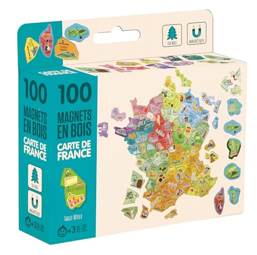 Jeujura - 100 Magnets Bois Carte de France - Reconstituer Les départements et Régions française - pour accompagner Les Tableaux - Aimantées en Bois - Géographie - Coffret 17x15x4cm – Dès 3 Ans - 8969