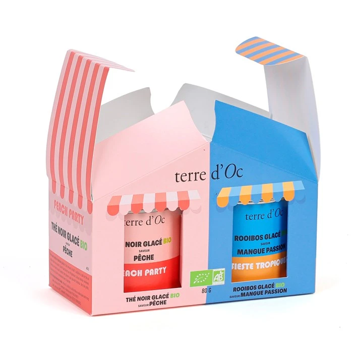 Coffret duo thé noir glacé pêche et rooibos glacé mangue passion bio terre d'Oc