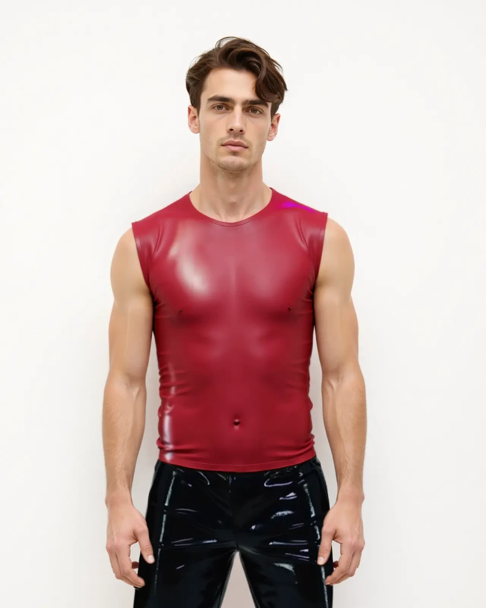 T-shirt sans manches en latex rouge pour hommes