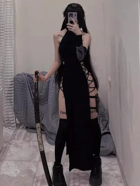 Goth Dark-Robe mi-longue sexy à fente haute pour femme, robes bandage, licou gothique, style grunge noir, vêtements de fête Alt, centre commercial Y2K - AliExpress 200000345