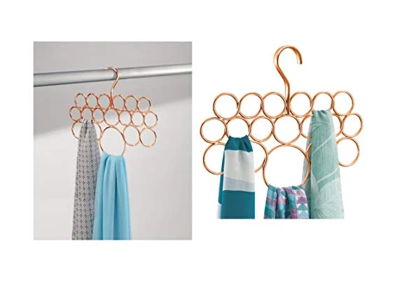 iDesign rangement suspendu à 18 anneaux pour écharpes, rangement foulard fin en métal, porte écharpe, cravates et ceintures, couleur cuivre