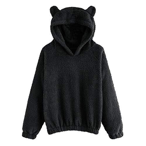 OSYARD Sweatshirt Femme Pulls Fourrure À Capuche Sweat-Shirt Manches Longues Dessin Animé Bear Broderie Duex Fleece Tops Blouse Hoodie Hood Lâche Vestes Plus de Couleur (Noir,Large)
