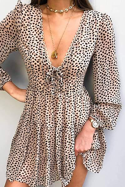 V-Neck Printed Long Sleeve Mini   Dress