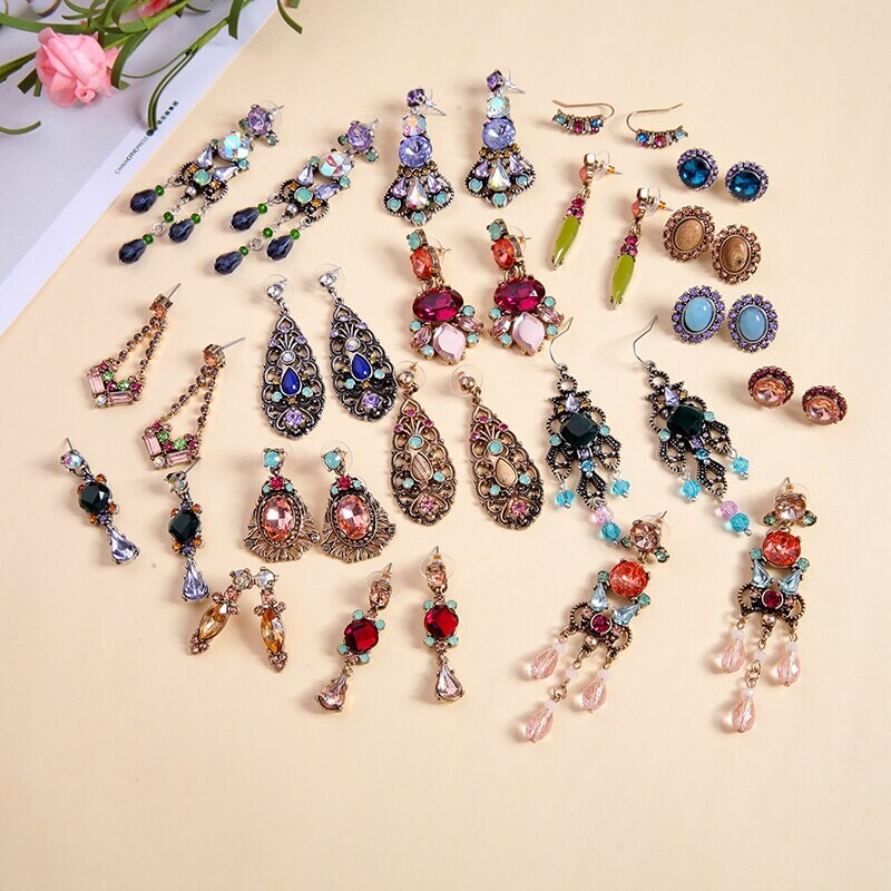 Boucles d'oreilles couleur arc-en-ciel pour femmes, Collection de pendentifs en résine cristal, couleur or Antique, bijoux à la mode, vente en gros