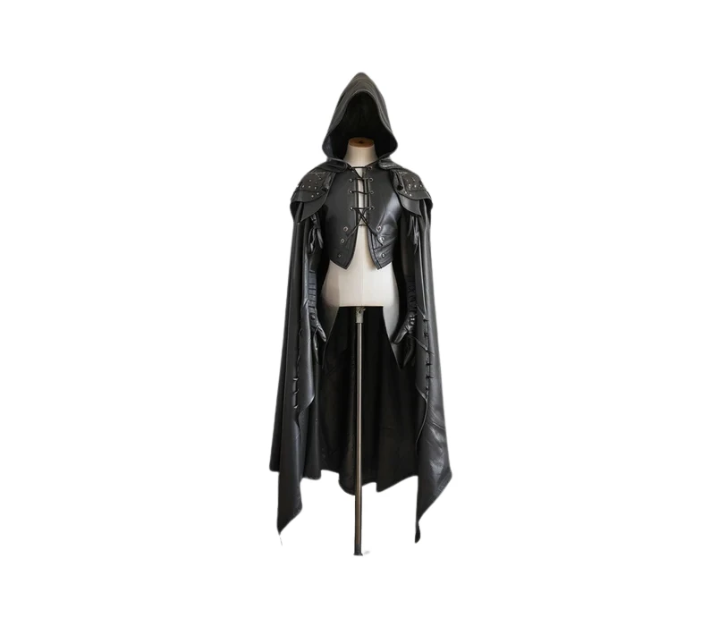 The Dark Warden - Pure Black Leather Medieval Hooded Cloak - Leather Cloak With Vest For Cosplay - Hooded Cloak Leather Gift For Men