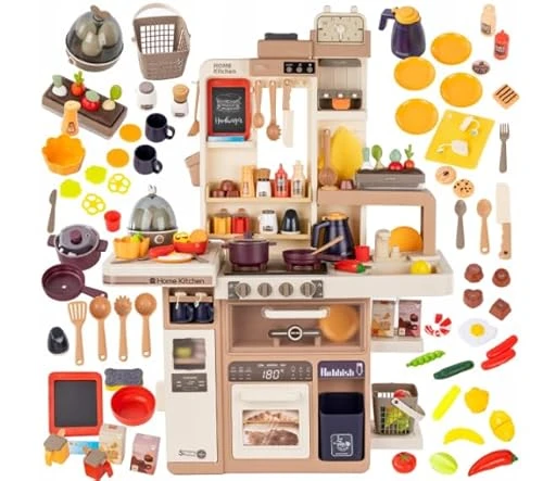 Grande Cuisine pour Enfant avec lumière et Son – Cuisine de Jeu réaliste à partir de 3 Ans – Robinet, Vapeur, cuiseur à œufs et 88 Accessoires – Plastique avec Tableau et Machine à Laver