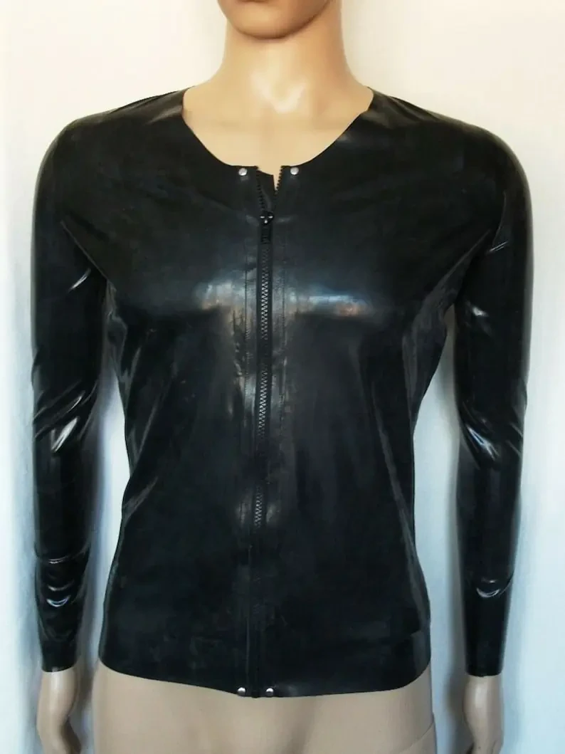 Chemise en latex pour hommes avec fermeture éclair et manches longues, col en V