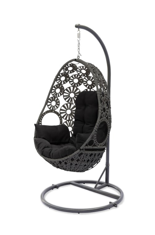 Balancelle de jardin en résine gris anthracite avec coussin noir  | Maisons du Monde