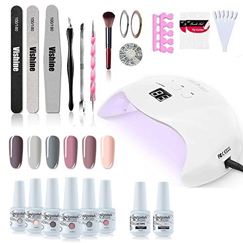 Vishine Kit de 40W UV LED Lampe Vernis Semi Permanent Lot 6 Vernis à ongles gel Soak Off Base Top Coat Brosse Strass Décor Nail Outils Nail Art Kit Manucure