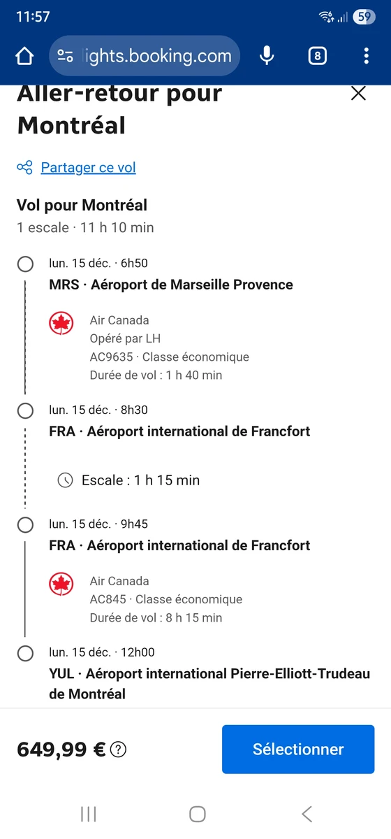 Vol allez retour canada