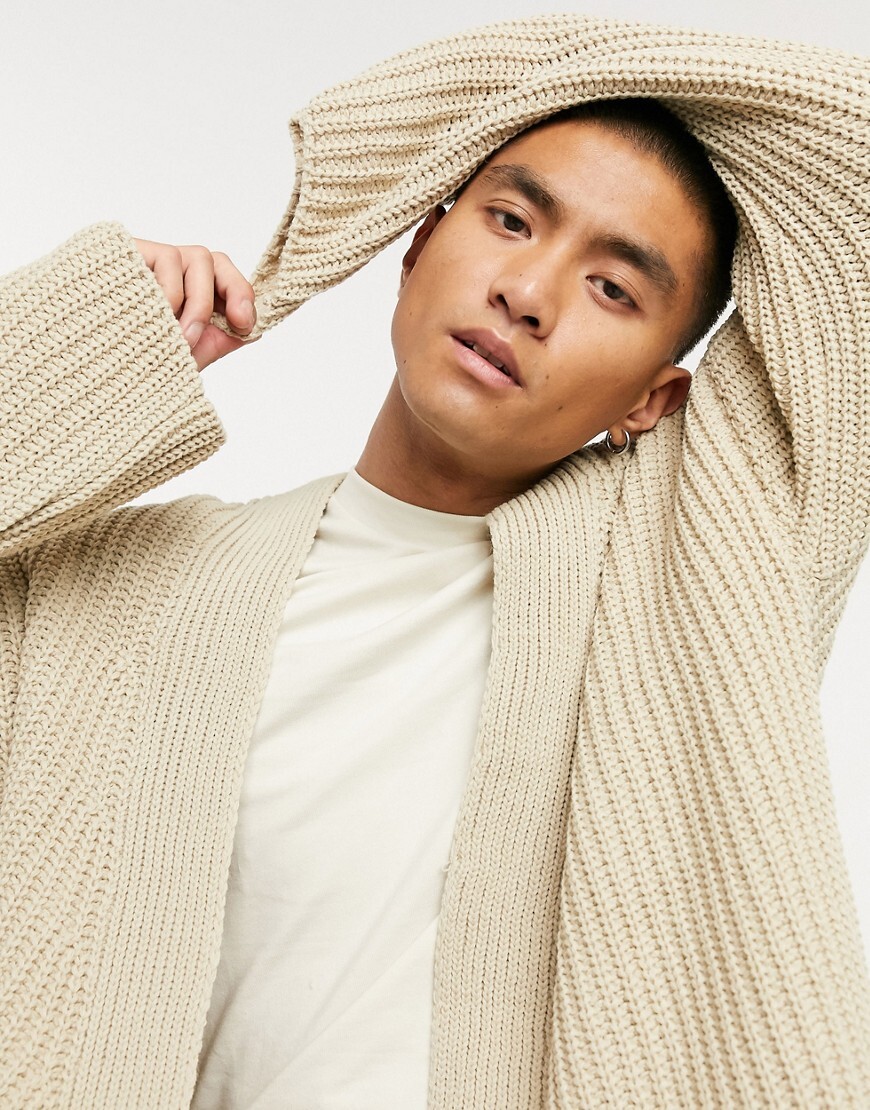 ASOS DESIGN - Cardigan bord à bord côtelé effet pêcheur - Avoine-Beige