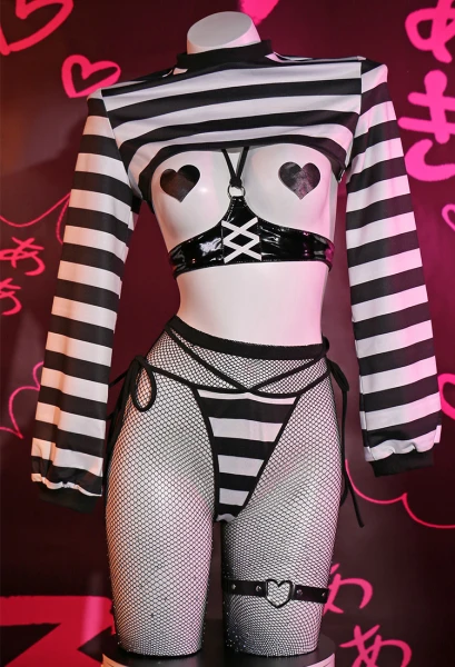 Femme Prison Ensemble de Lingerie Sexy Noire avec Bas Résille et Top pour Femme