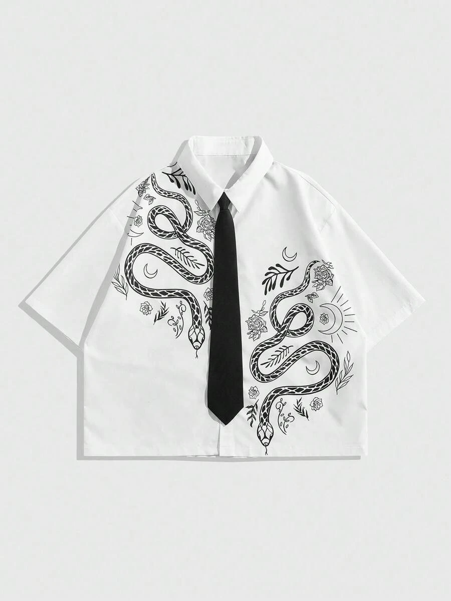 ROMWE MEN Prep Chemise décontractée pour hommes à imprimé serpent foncé, style académique, pour l'été, Halloween | Mode en ligne | SHEIN FRANCE
