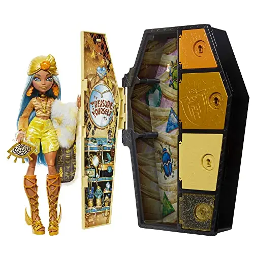Monster High Coffret Monstrueux Secrets, Poupée Mannequin Cleo De Nile, Série Look Irisé, Avec Casier Cerceuil Et Plus De 21 Accessoires, Jouet pour Enfant de 4 ans et Plus, HNF76