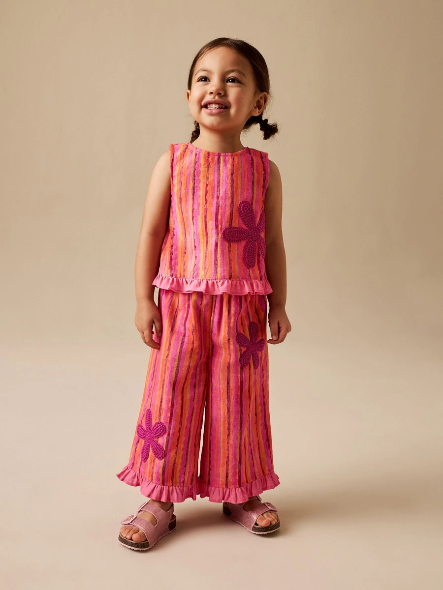 Pink/ Orange Stripe / Crochet Flowers - Top & Trousers Set (3mths-7yrs)