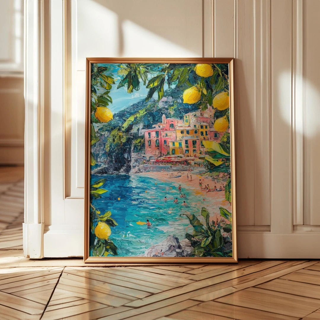 Travel Beach Art - Lemon Tree Oil Painting Ocean View Kitchen Dining Room Print Summer Colourful Modern Lounge Artwork Unframed 5x7 A4 A3 A2