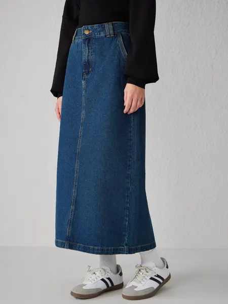 Jupe en jean boutonnée solide à taille moyenne