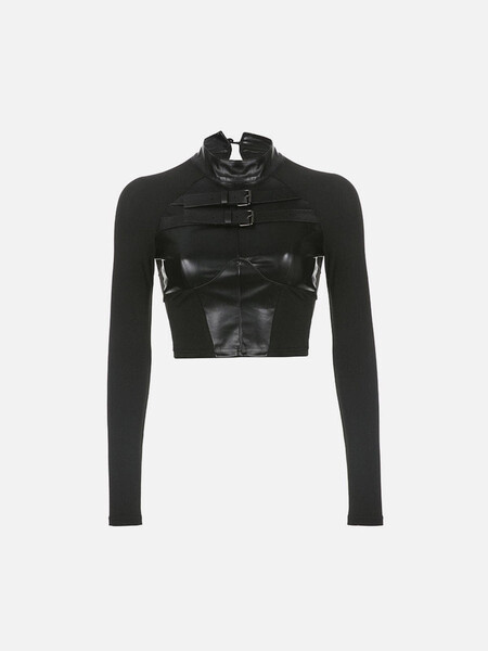 NEV Leather Metal Buckle Long Sleeve Corp T Shirt