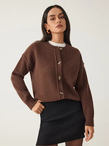 Cardigan Épais à Boutons et Col Rond en Maille