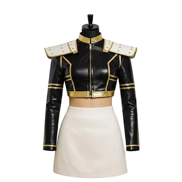 Handmade Leather Demon Hunter Costume - Black & Gold Jacket, White Skirt
