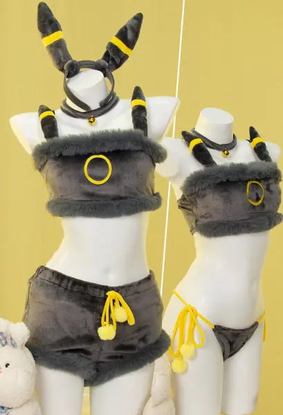 PM Monstre Dérivé Lingerie Sexuelle Kawaii Deux Pièces Noir Doré avec Serre-tête et Bas