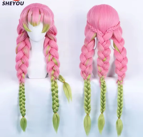 Perruque de Cosplay Anime Mitsuri Kanroji, longue tresse rose verte, cheveux résistants à la chaleur, perruques de Cosplay authentiques + bonnet de perruque - AliExpress 200000532