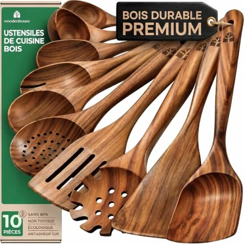 Ustensiles de Cuisine Bois en Teck 10 Pièces - Cuillère et Couverts