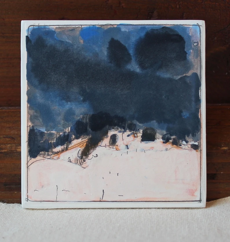 March Snow, Original Small Winter Landscape Painting on Panel, Fridge Magnet, Stooshinoff