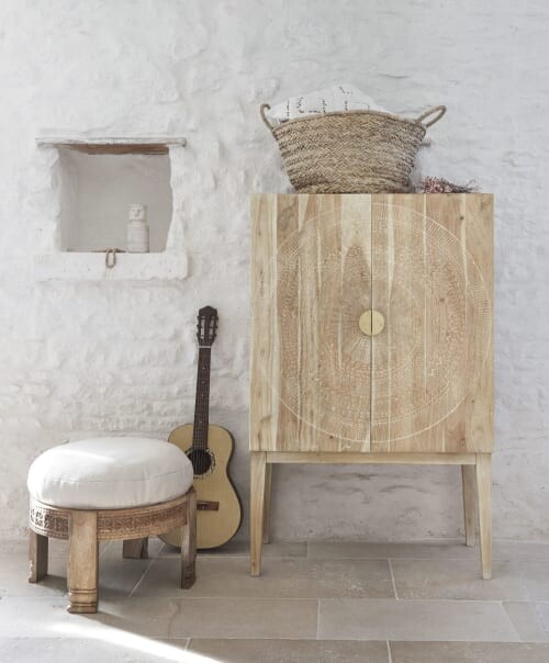 Tabouret en manguier et coussin en coton beige SHAINA | Maisons du Monde