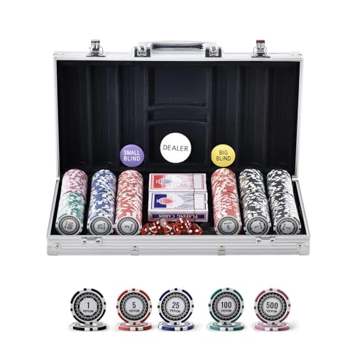 VEVOR Mallette de Poker 300 Jetons de Poker en Plastiques et Alu 11,5 g 40 x 3,3 mm avec 2 Jeux de Cartes 1 Bouton de Croupier et 2 Boutons Blind pour Blackjack Texas Jeux de Hasard Casino à Domicile