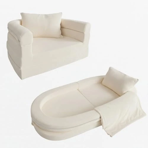 Canapé en Mousse pour Enfants avec Couverture & Oreiller, Sofa Convertible 3-en-1 Pré-assemblé pour Tout-petits, Chaise Pliable d'Intérieur & Lit de Sol Dépliable pour Garçons & Filles (Ivoire)