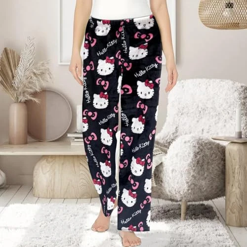 Chnnamzu Pantalon Pyjama Femme Flanelle Bas de Pyjama Polaire Chaud et Doux Confort Cartoon Chat Anime Imprimé Kawaii Mode Décontracté Vêtements de Nuit Pantalons pour Maison Lounge