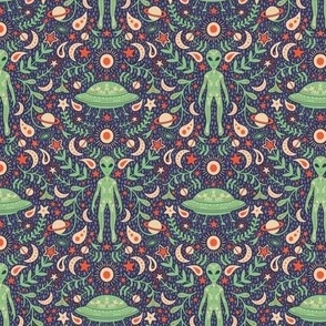 Small-Scale Folk Art Alien in Teal, Fabric | Spoonflower