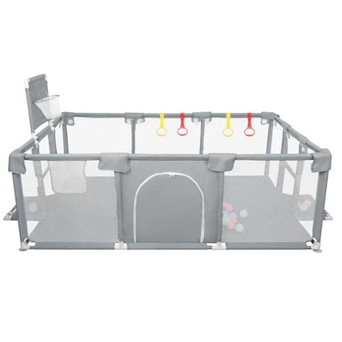 Grand Parc avec Grille de Protection,Parc pour Bébé, Modulable, Pliable,Grand parc pour enfant en bas âge,50 Balles,Basketball Rack,Avec 4 Ventouses -180 * 120 * 66cm-Gris foncé