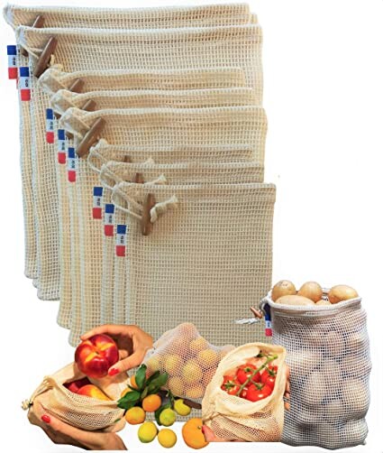 JECOVERT by amazon Sac réutilisable coton Bio fruits légumes, filet course écologique et biologique pochon vrac alimentaire, provision, nourriture, salade Zéro déchets Produits de France Lot de 9 Sacs