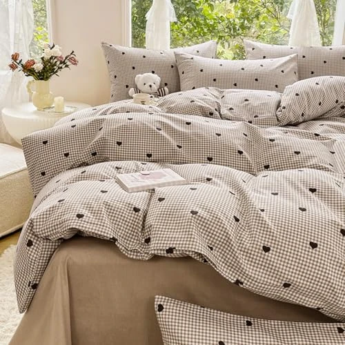 Freyamy Housse de Couette 220x240cm+2 Taie d'oreiller 65x65cm Coeur Plaid Kaki Marron Parure de lit 2 Personnes Adulte Motif du Cœur Sets de Housse Couette en Microfibre avec Fermeture Éclair