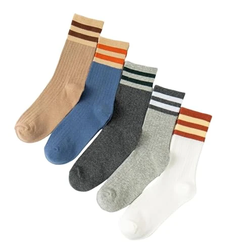 OurSuperDeals Chaussettes rayées pour femmes, adolescentes, rétro, vintage, mignonnes, au-dessus de la cheville, chaussettes tendance en coton, Lot de 5 paires B, Medium